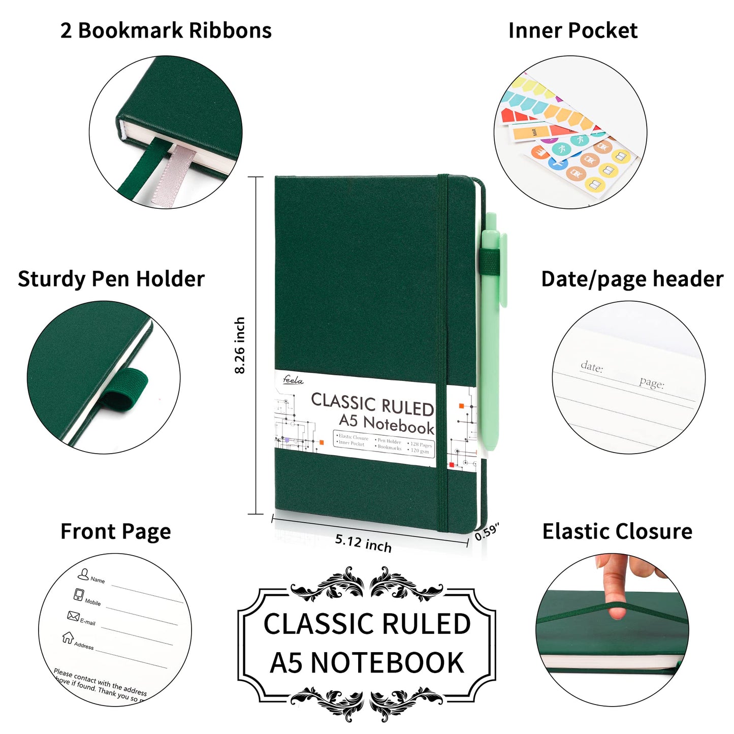 feela 24 Pack Journal Notebook for Work, Business Notebook Bulk Hardcover Lined Writing Journal with Pen Holder for Men Women Note Taking, with 24 Black Pens, 120 GSM, 5.1”x8.3”, A5, Gray