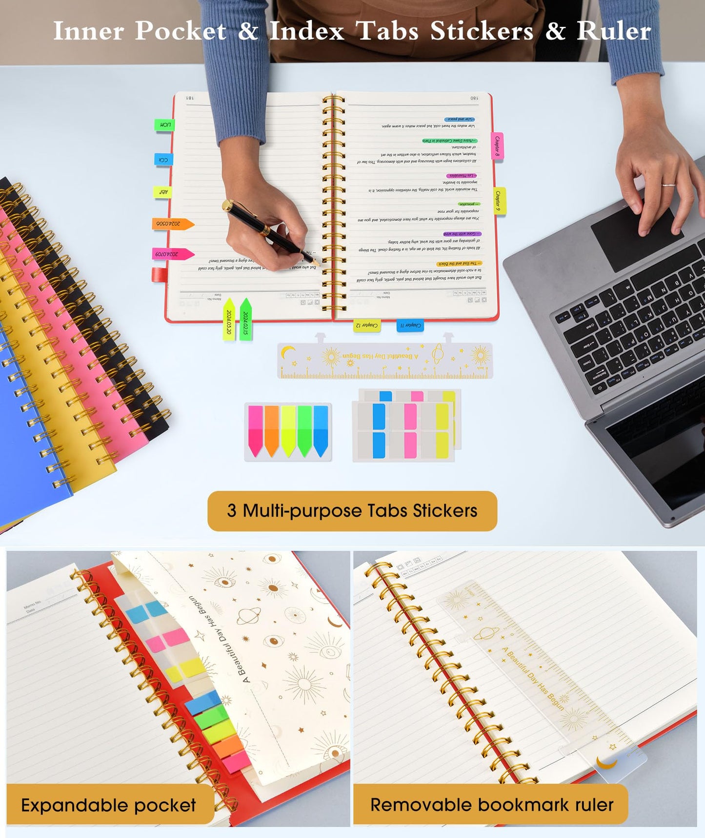 Spiral Notebook Journal 5.8" x 8.4",300 Numbered College Ruled Pages,100 GSM Lined Paper,Plastic Hardcover,Large Spiral Bound Journal for Women Men,A4 Notebooks for School Work Writing Business