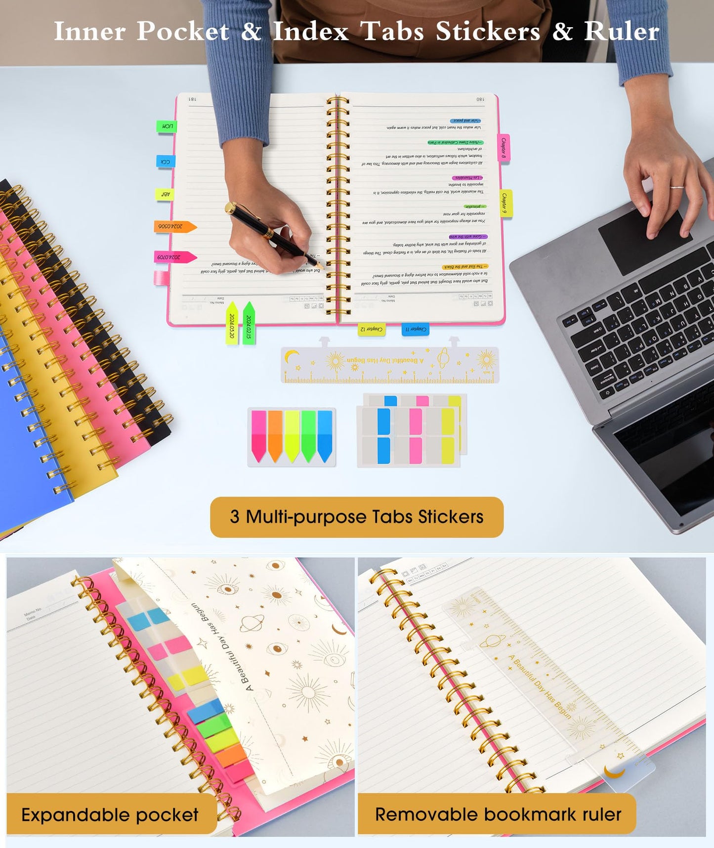 Spiral Notebook Journal 5.8" x 8.4",300 Numbered College Ruled Pages,100 GSM Lined Paper,Plastic Hardcover,Large Spiral Bound Journal for Women Men,A4 Notebooks for School Work Writing Business