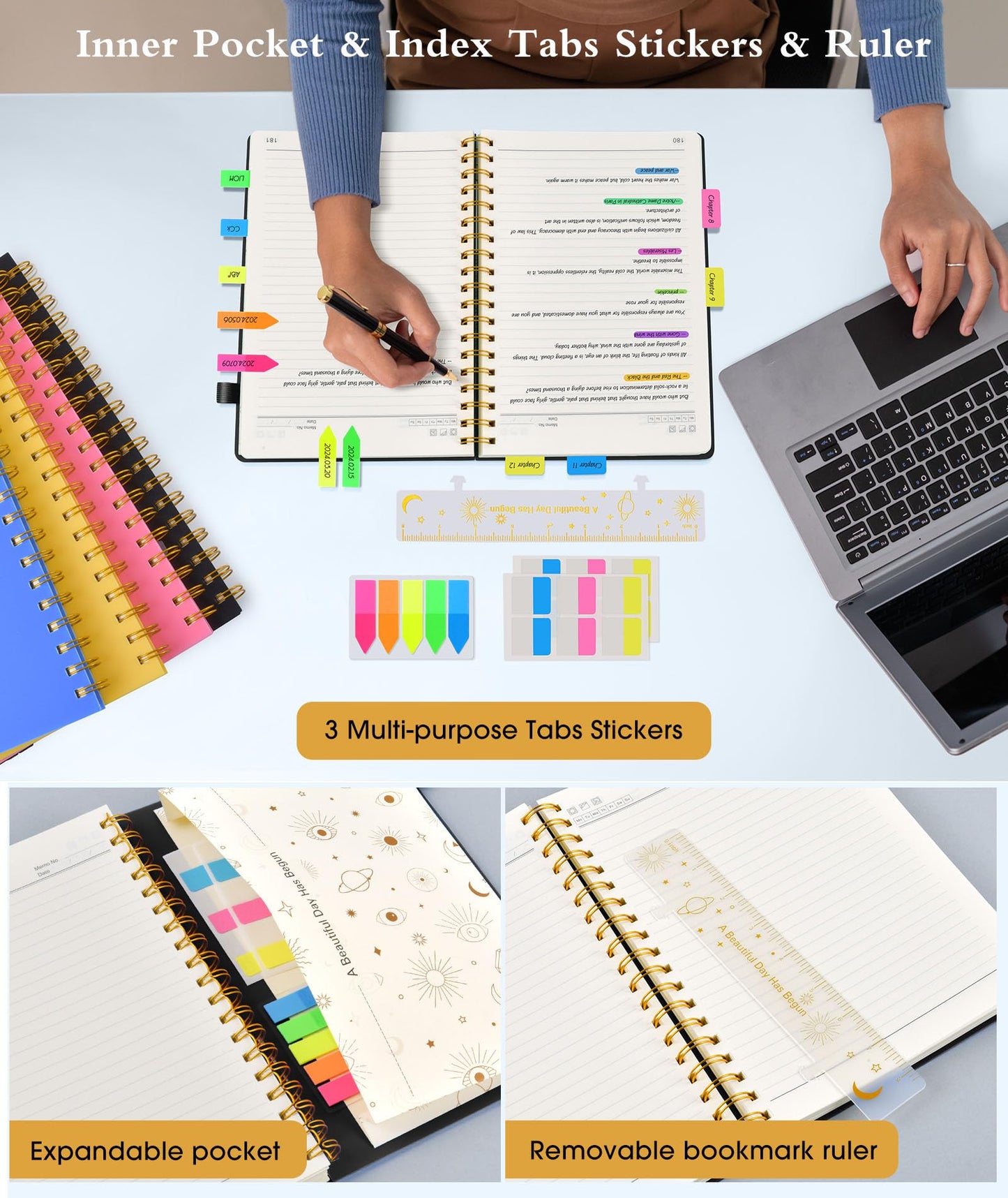 Spiral Notebook Journal 5.8" x 8.4",300 Numbered College Ruled Pages,100 GSM Lined Paper,Plastic Hardcover,Large Spiral Bound Journal for Women Men,A4 Notebooks for School Work Writing Business