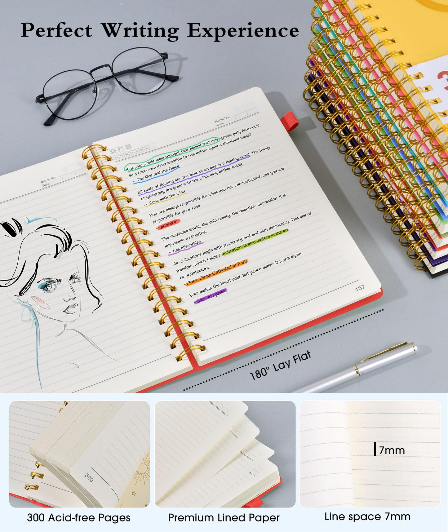 Spiral Notebook Journal 5.8" x 8.4",300 Numbered College Ruled Pages,100 GSM Lined Paper,Plastic Hardcover,Large Spiral Bound Journal for Women Men,A4 Notebooks for School Work Writing Business