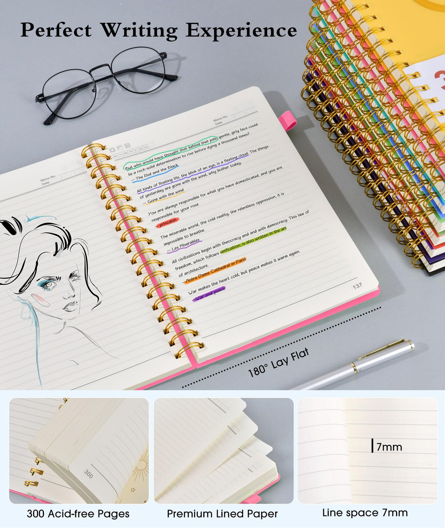 Spiral Notebook Journal 5.8" x 8.4",300 Numbered College Ruled Pages,100 GSM Lined Paper,Plastic Hardcover,Large Spiral Bound Journal for Women Men,A4 Notebooks for School Work Writing Business
