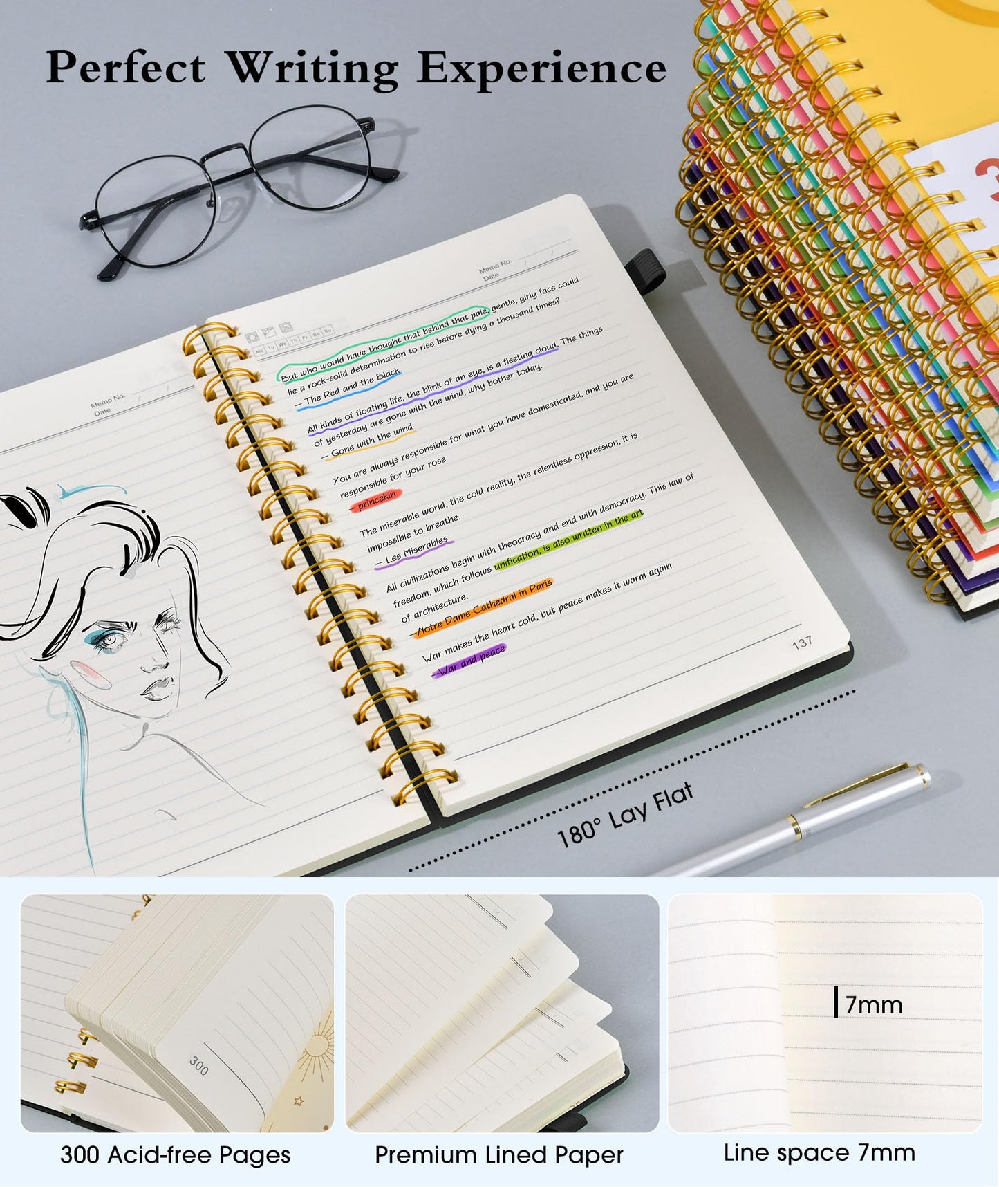 Spiral Notebook Journal 5.8" x 8.4",300 Numbered College Ruled Pages,100 GSM Lined Paper,Plastic Hardcover,Large Spiral Bound Journal for Women Men,A4 Notebooks for School Work Writing Business