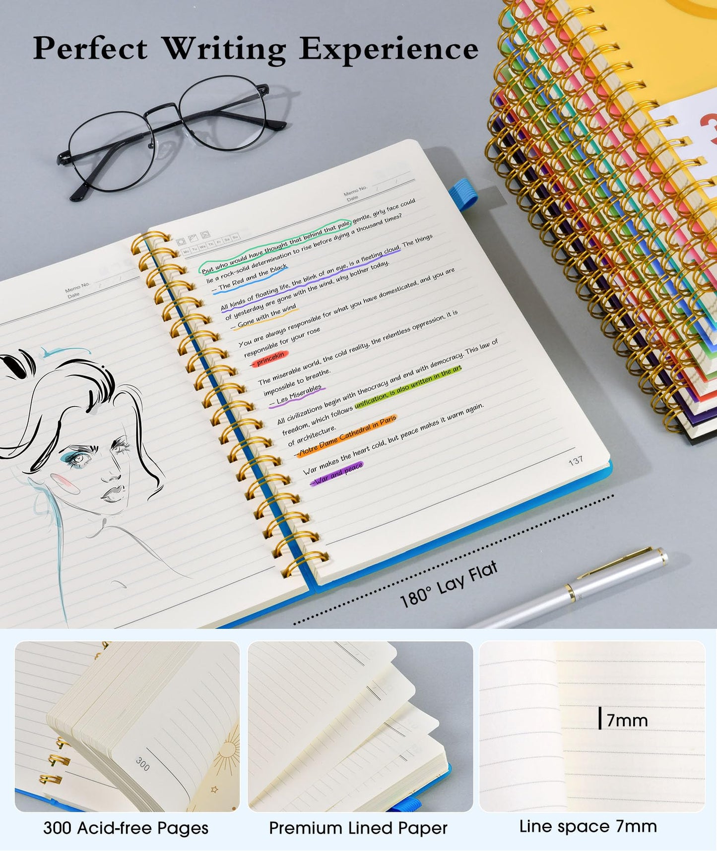 Spiral Notebook Journal 5.8" x 8.4",300 Numbered College Ruled Pages,100 GSM Lined Paper,Plastic Hardcover,Large Spiral Bound Journal for Women Men,A4 Notebooks for School Work Writing Business
